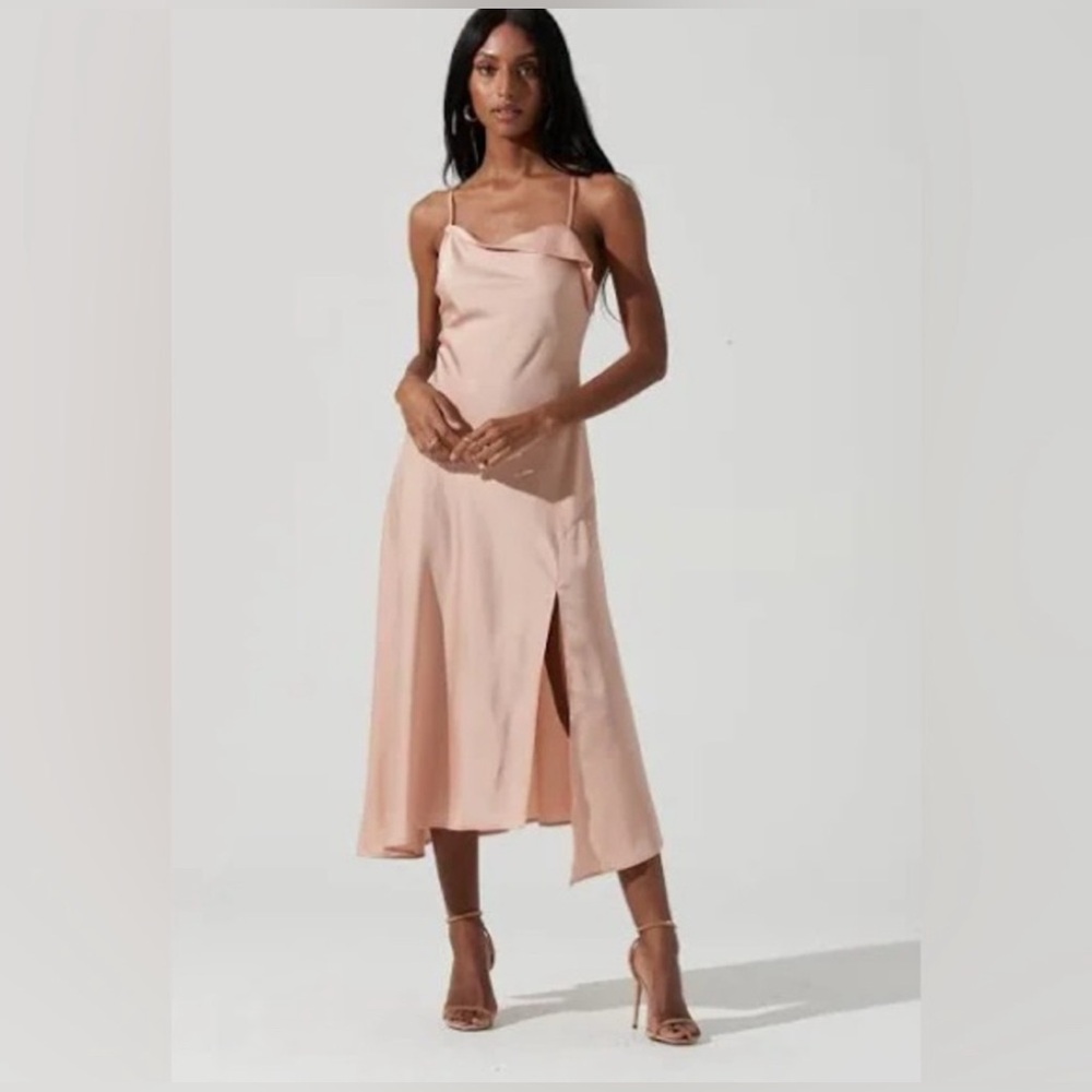 Astr The Label Palisades Cowl Neck Midi Dress Peachy Pink S Satin Hanky Hem